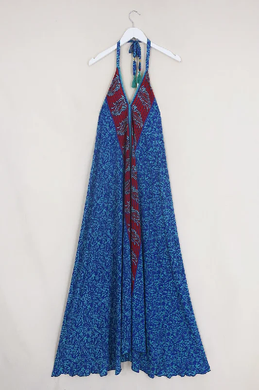 Athena Maxi Dress - Vintage Sari - Aqua & Rose Red Floral - Free Size M/L Elegant Silk Maxi Dress Athena Maxi Dress - Vintage Sari - Aqua & Rose Red Floral - Free Size M/L Elegant Silk Maxi Dress