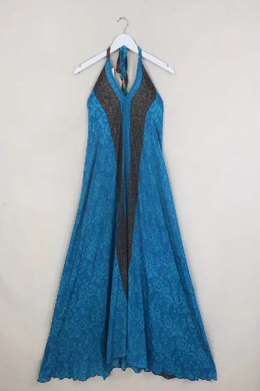 SALE Athena Maxi Dress - Vintage Sari - Blue & Bronze Swirls - Free Size M/L Trendy Maxi Dress with Straps