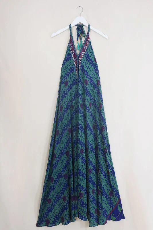 Athena Maxi Dress - Vintage Sari - Indigo Climbing Vines - Free Size M/L Fashionable Open-Back Maxi Dress Athena Maxi Dress - Vintage Sari - Indigo Climbing Vines - Free Size M/L Fashionable Open-Back Maxi Dress
