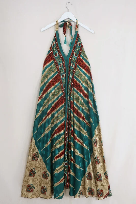 Athena Maxi Dress - Vintage Sari - Lake Green Kilim Stripe - Free Size L/XL Chic Boho Print Maxi Dress Athena Maxi Dress - Vintage Sari - Lake Green Kilim Stripe - Free Size L/XL Chic Boho Print Maxi Dress
