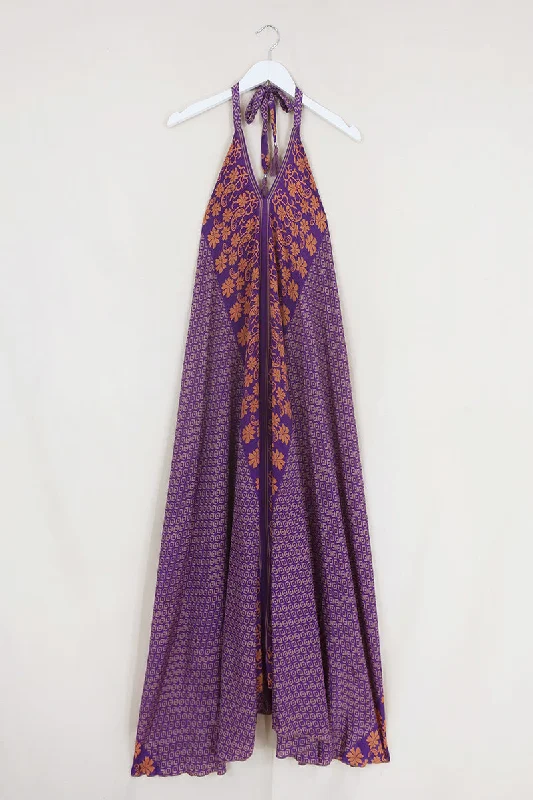 Athena Maxi Dress - Vintage Sari - Plum & Honey Floral - Free Size M/L Cozy Maxi Dress with Slit Athena Maxi Dress - Vintage Sari - Plum & Honey Floral - Free Size M/L Cozy Maxi Dress with Slit