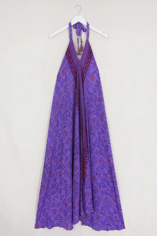 Athena Maxi Dress - Vintage Sari - Purple Grape Swirl - Free Size M/L Classic V-Neck Maxi Dress Athena Maxi Dress - Vintage Sari - Purple Grape Swirl - Free Size M/L Classic V-Neck Maxi Dress