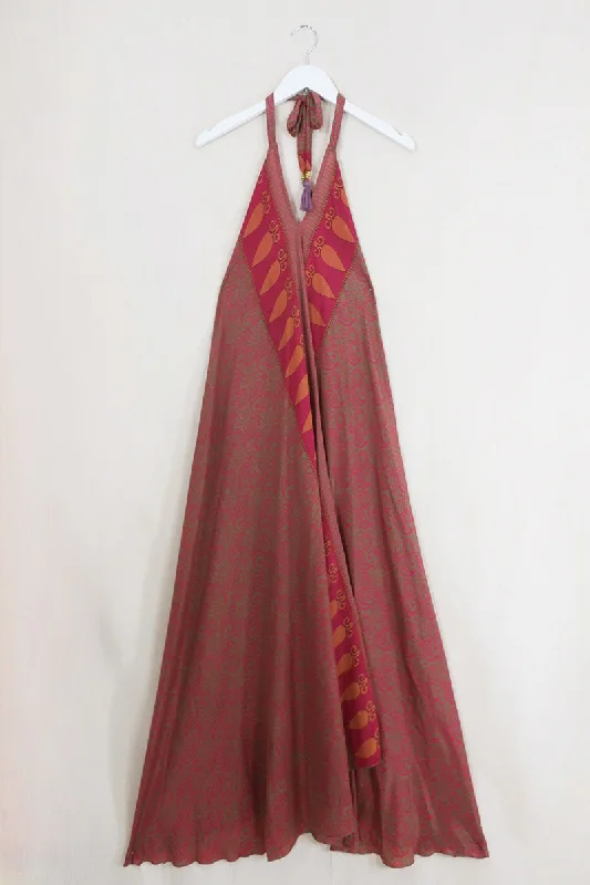 Athena Maxi Dress - Vintage Sari - Pink Rosewood Floral - Free Size M/L Cozy Maxi Dress with Slit