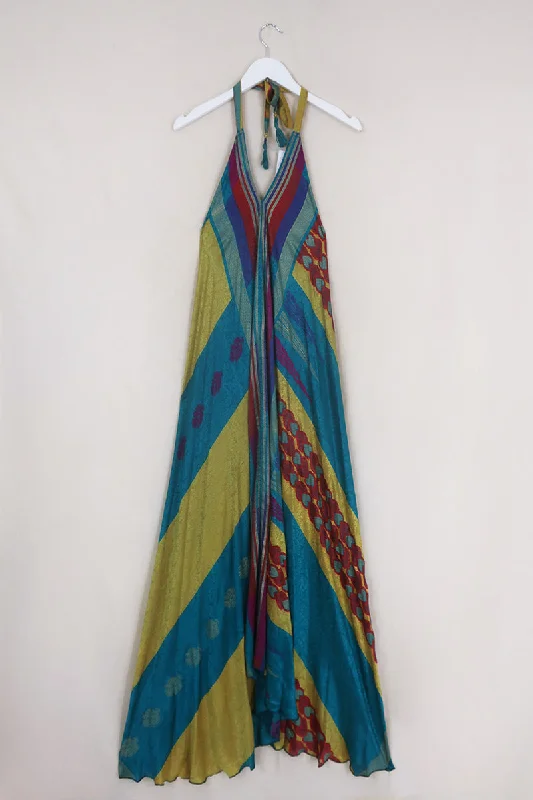 Athena Maxi Dress - Vintage Sari - Stained Glass Shimmer - Free Size M/L Chic Summer Maxi Dress Athena Maxi Dress - Vintage Sari - Stained Glass Shimmer - Free Size M/L Chic Summer Maxi Dress