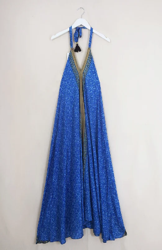 Athena Maxi Dress - Vintage Sari - True Blue Abstract - Free Size M/L Comfortable Fit-and-Flare Maxi Dress Athena Maxi Dress - Vintage Sari - True Blue Abstract - Free Size M/L Comfortable Fit-and-Flare Maxi Dress