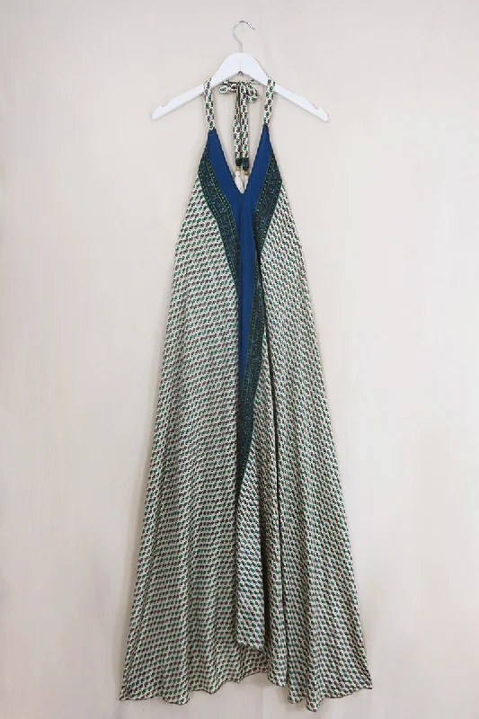 Athena Maxi Dress - Vintage Sari - Deep Sea Jade Wildflower - Free Size S/M Trendy V-Neck Maxi Dress Athena Maxi Dress - Vintage Sari - Deep Sea Jade Wildflower - Free Size S/M Trendy V-Neck Maxi Dress
