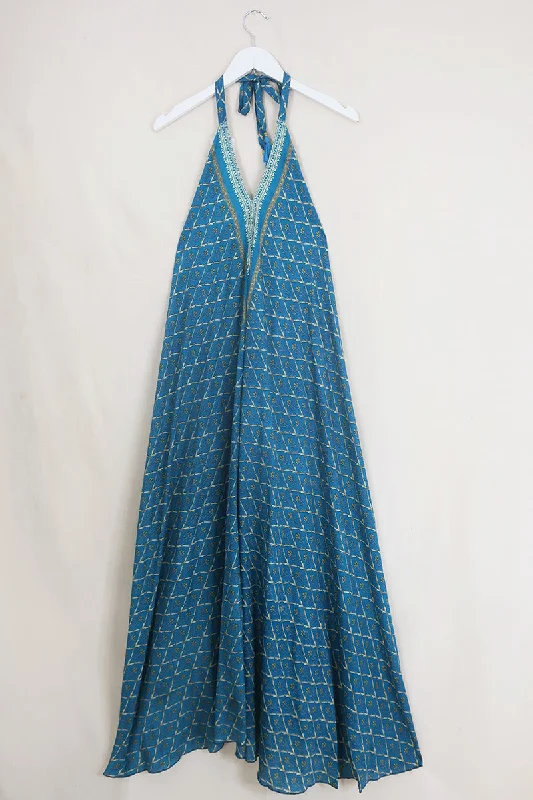 Athena Maxi Dress - Vintage Sari - Embroidered Blue Thistles - Free Size S/M Cozy Ribbed Maxi Dress Athena Maxi Dress - Vintage Sari - Embroidered Blue Thistles - Free Size S/M Cozy Ribbed Maxi Dress