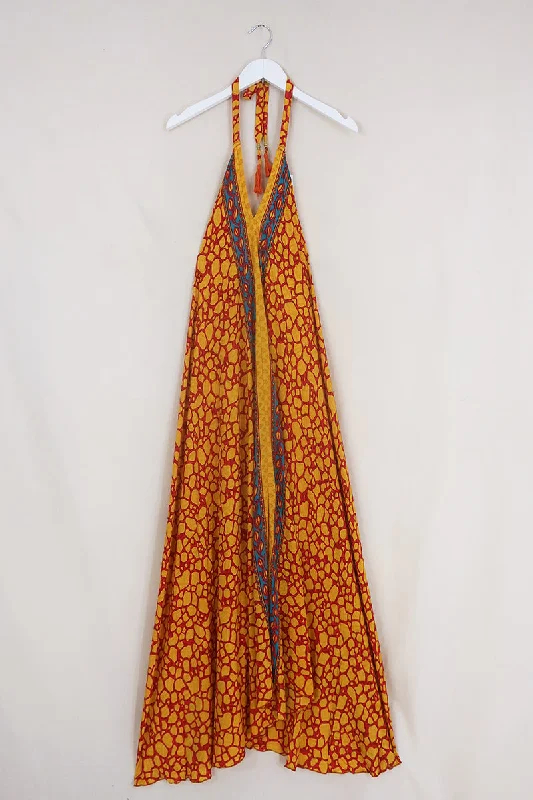Athena Maxi Dress - Vintage Sari - Fiery Amber Stones - Free Size S/M Chic Summer Floral Maxi Dress Athena Maxi Dress - Vintage Sari - Fiery Amber Stones - Free Size S/M Chic Summer Floral Maxi Dress