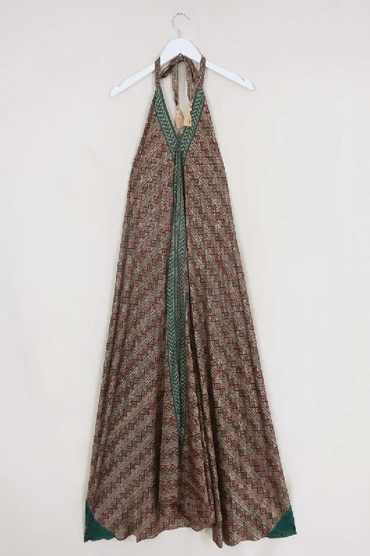 Athena Maxi Dress - Vintage Sari - Green Earth Tiles - Free Size S/M Elegant Pleated Maxi Dress Athena Maxi Dress - Vintage Sari - Green Earth Tiles - Free Size S/M Elegant Pleated Maxi Dress
