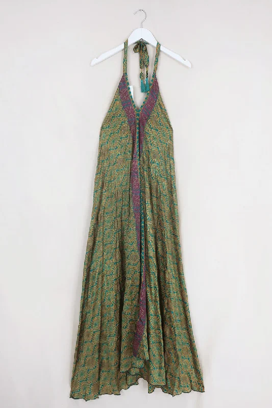 Athena Maxi Dress - Vintage Sari - Honey & Jade Peacock Feathers - Free Size S/M Trendy Off-Shoulder Ruffle Maxi Dress Athena Maxi Dress - Vintage Sari - Honey & Jade Peacock Feathers - Free Size S/M Trendy Off-Shoulder Ruffle Maxi Dress
