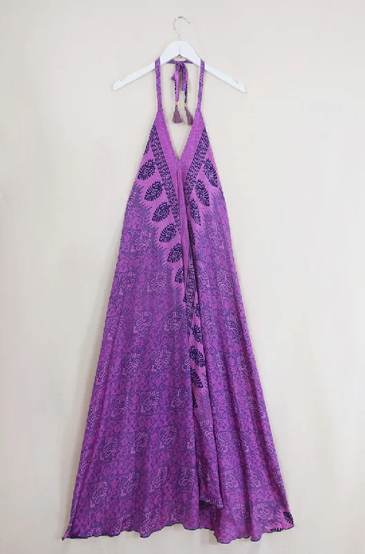 Athena Maxi Dress - Vintage Sari - Pink Night Sky Mosaic - Free Size S/M Chic Button-Up Maxi Dress