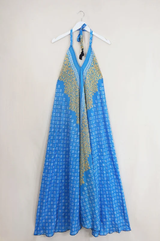 Athena Maxi Dress - Vintage Sari - Sky Blue & Gold - Free Size S/M Stylish Boho Chic Maxi Dress Athena Maxi Dress - Vintage Sari - Sky Blue & Gold - Free Size S/M Stylish Boho Chic Maxi Dress