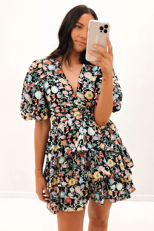 Austin Mini Dress Black Floral Fashionable Boho-Chic Mini Dress