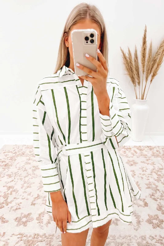 Bartley Mini Dress Green Stripe Classic Striped Mini Dress