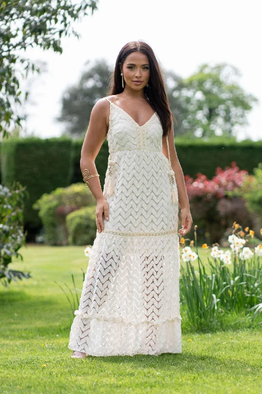 Beige Boho Tassel Maxi Dress Elegant Boho Maxi Dress
