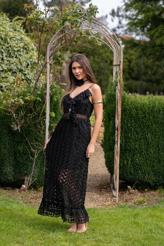 Black Boho Frill Front Maxi Dress Trendy Short Sleeve Maxi Dress