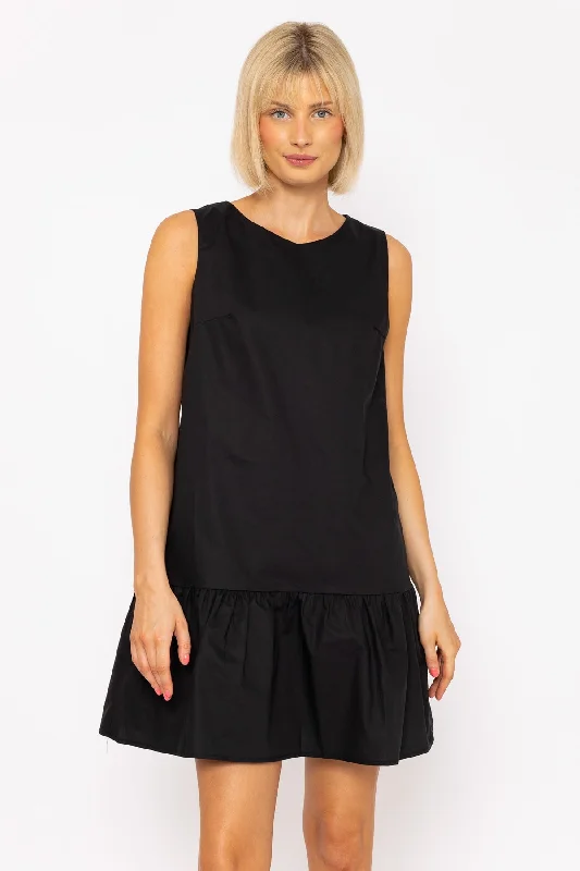 Black Poplin Mini Dress Stylish Ribbed Mini Dress