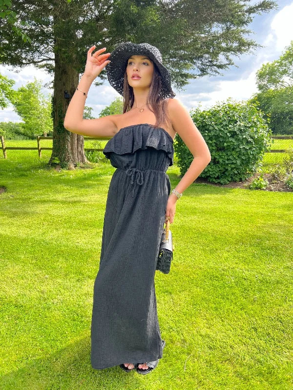 Black Santorini Bardot Maxi Dress Fashionable Maxi Dress with Fringe
