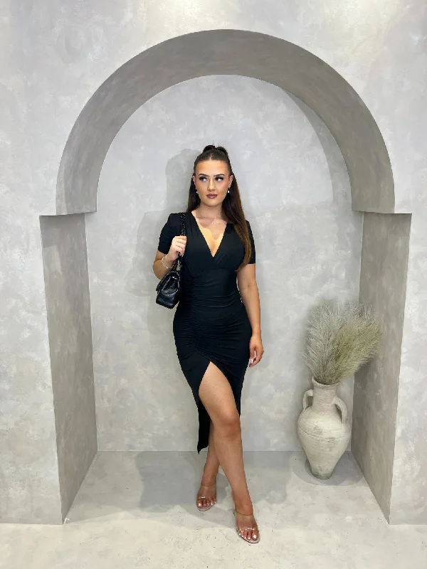Black Side Split Maxi Dress Cozy Open-Back Maxi Dress