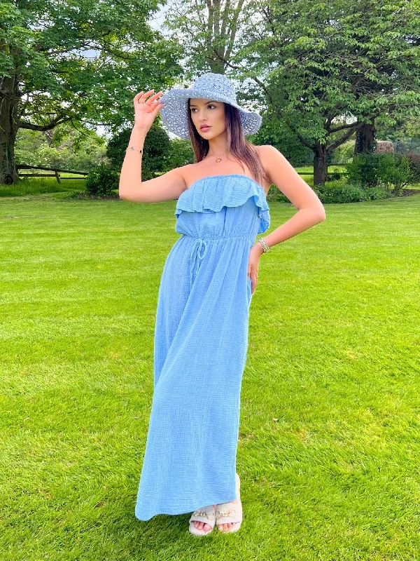 Blue Santorini Bardot Maxi Dress Comfortable Bohemian Maxi Dress