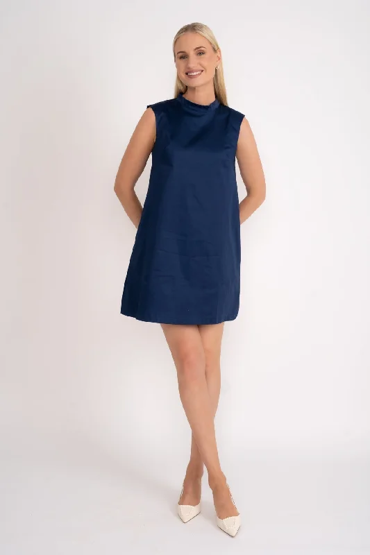 Bow Back Cotton Sateen Mini Dress in Navy Fashionable Pleated Mini Dress