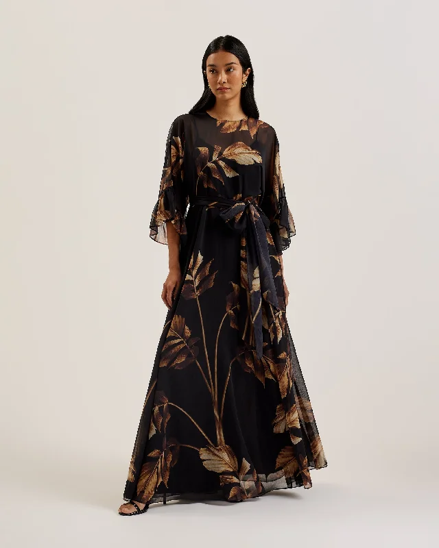 Calama Sheer Printed Maxi Dress With Slit Black Elegant Sleeveless Maxi Dress