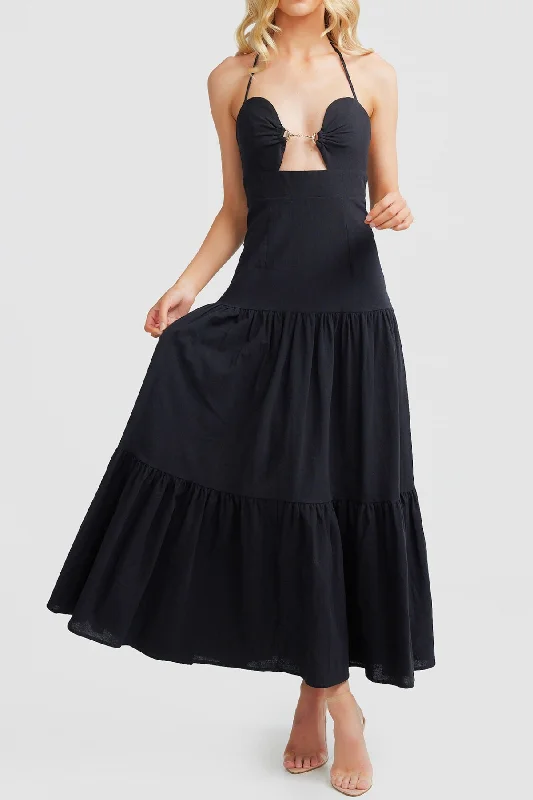 Capri Maxi Dress - Black Fashionable Button-Down Maxi Dress
