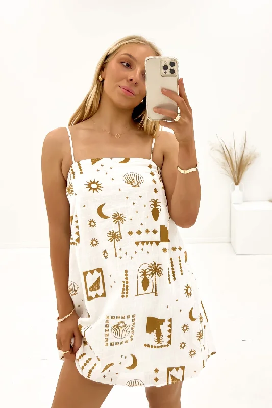 Catalina Mini Dress Tan Shell Comfortable One-Shoulder Mini Dress