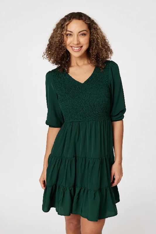 1/2 Sleeve Smocked Mini Dress Comfortable Linen Mini Dress