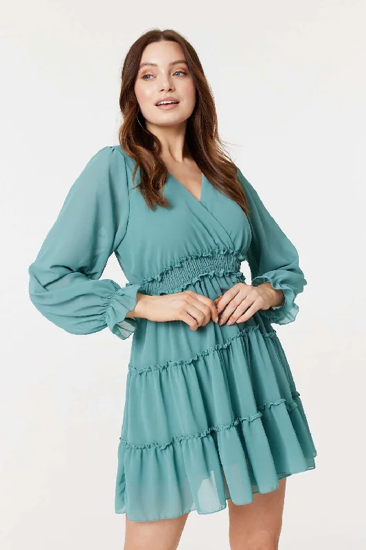 Tiered Long Sleeve Mini Dress Elegant Sequin Mini Dress