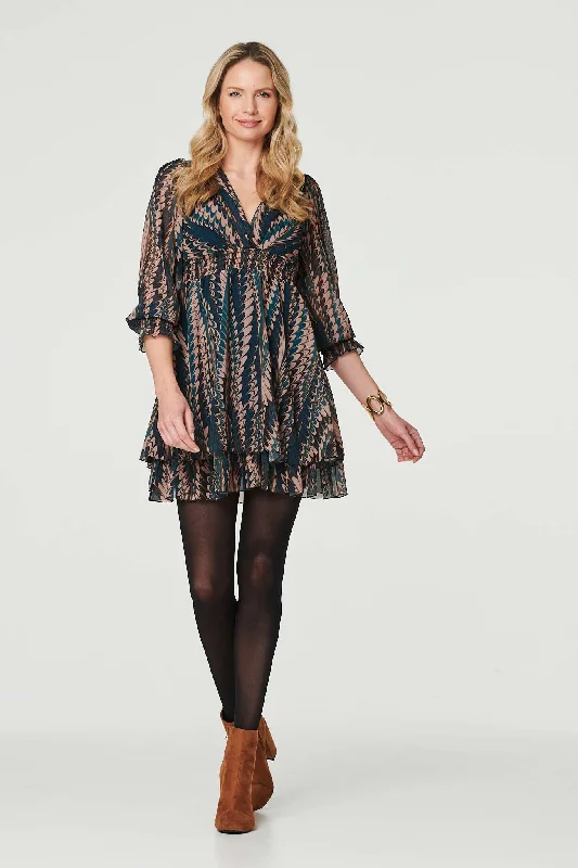 Printed Layered Hem Mini Dress Stylish Button-Down Mini Dress