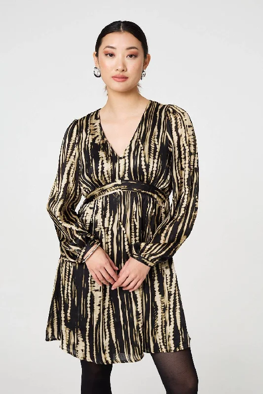 Abstract Long Sleeve Empire Mini Dress Cozy Sweater Mini Dress