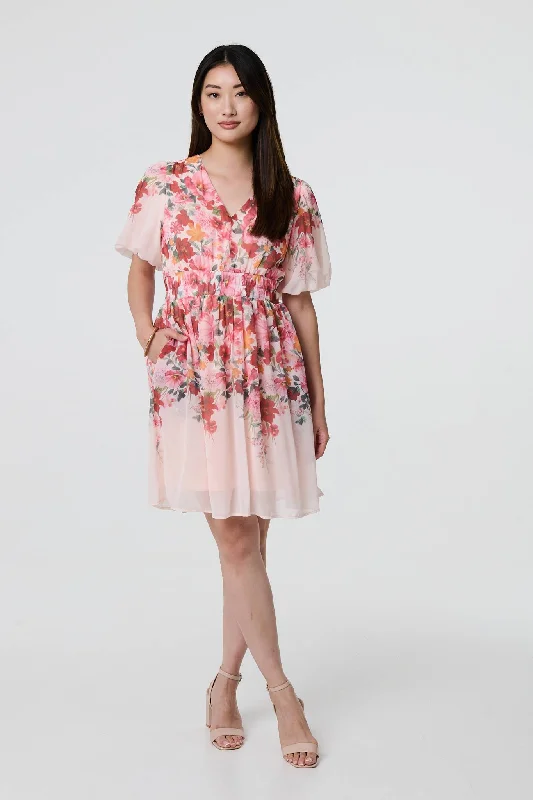Floral Print Angel Sleeve Mini Dress Trendy Mesh Mini Dress