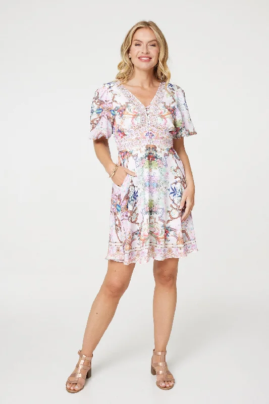 Border Print V-Neck Empire Mini Dress Casual Button-Up Mini Dress