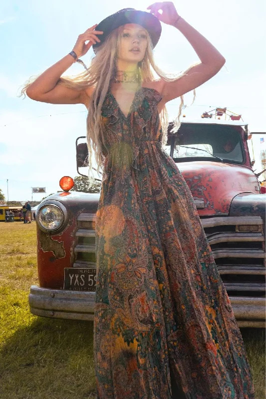 Delphi Braided Maxi Dress in Green Batik Paisley Elegant Tiered Maxi Dress