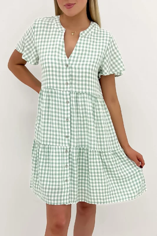 Elijah Mini Dress Sage Gingham Comfortable Ruffle Mini Dress