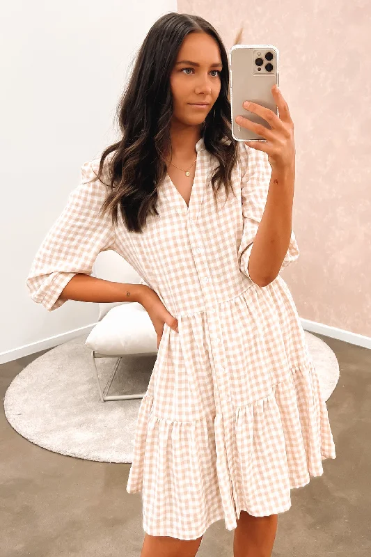 Ella Mini Dress Beige Check Cozy Jersey Mini Dress