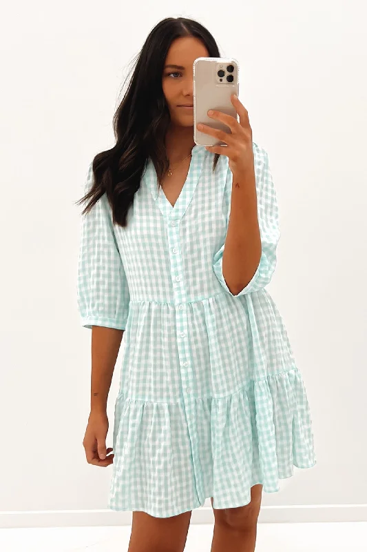 Ella Mini Dress Blue Check Fashionable Mini Dress with Pockets