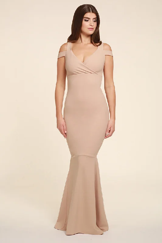 EVIE BEIGE COLD SHOULDER  FISHTAIL MAXI DRESS Elegant Maxi Dress with Belt