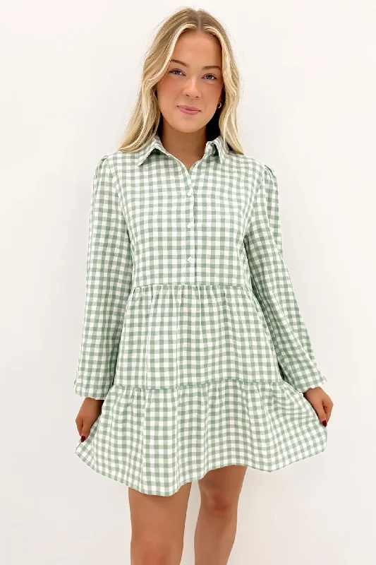 Frankie Check Long Sleeve Mini Dress Sage Casual V-Neck Mini Dress