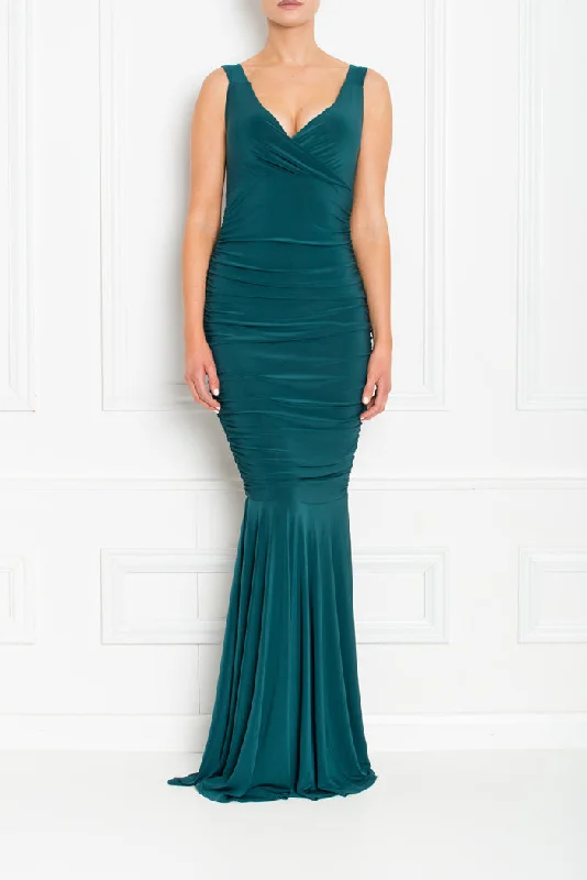 GABBY FOREST GREEN FISHTAIL BRIDESMAID MAXI DRESS Elegant Maxi Dress with Drapes