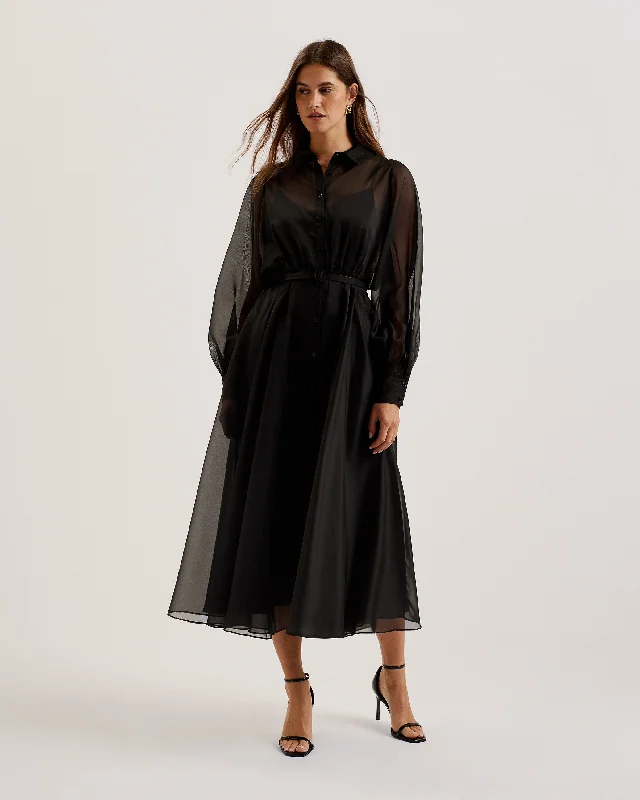 Gibara Sheer Organza Shirt Maxi Dress Black Elegant Maxi Dress with Slit