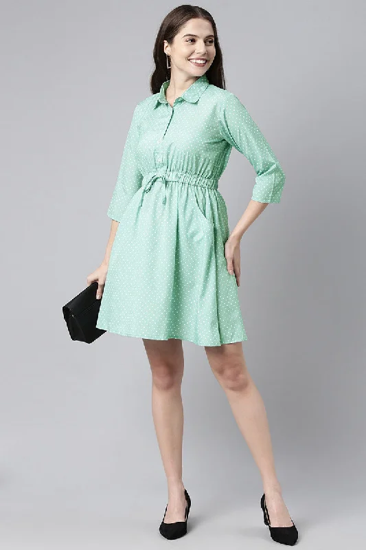 Green Crepe Polka Dot Mini Dress Fashionable Mini Dress with Frills
