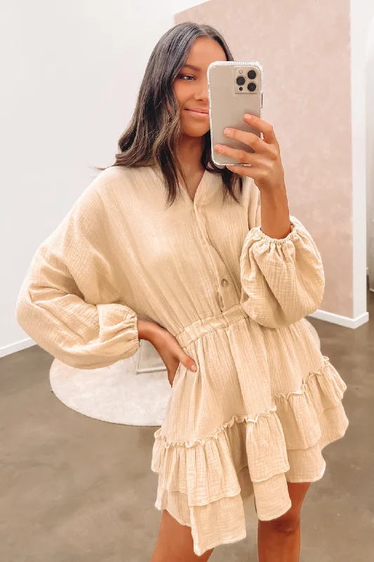 Hyatt Mini Dress Beige Stylish Short Sleeve Mini Dress
