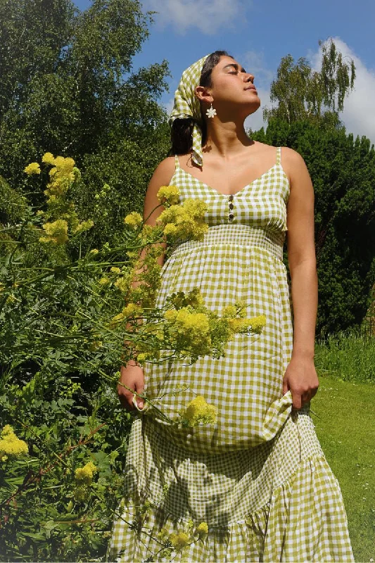 Jessie Maxi Dress in Apple Green Gingham Fashionable Faux Wrap Maxi Dress