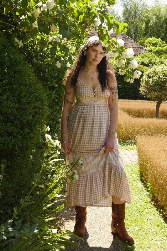 Jessie Maxi Dress in Biscuit Brown Gingham Stylish Boho Maxi Dress
