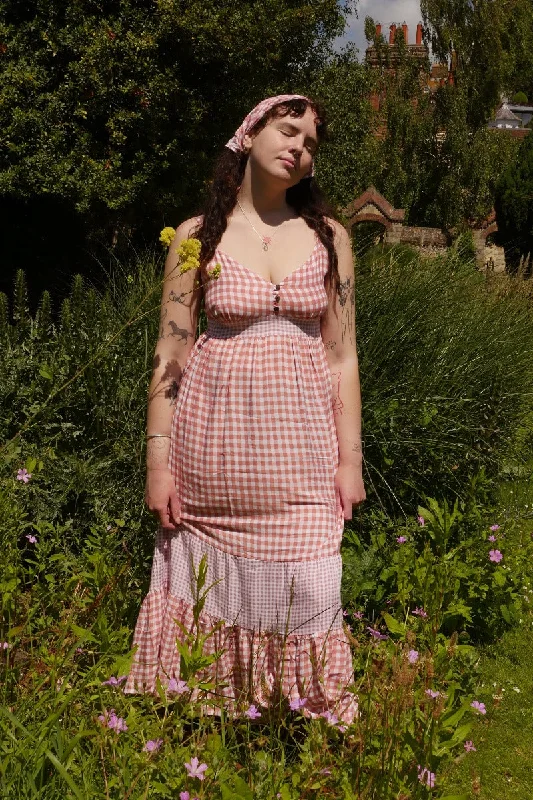 Jessie Maxi Dress in Strawberry Pink Gingham Trendy Maxi Dress with Lace