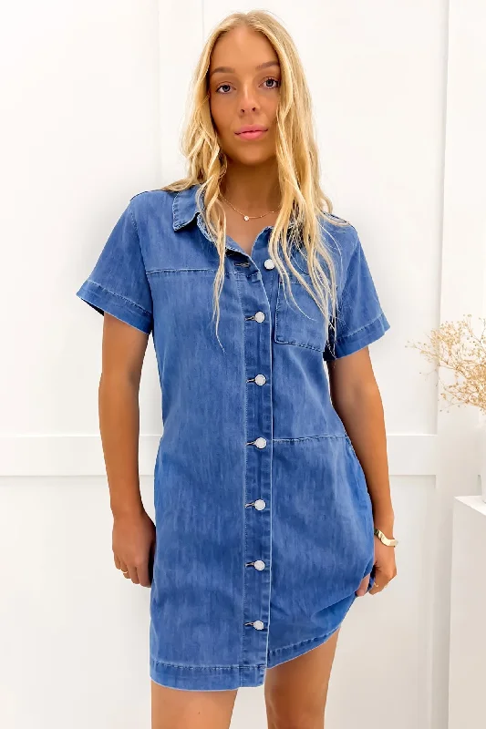 Joelle Denim Mini Dress Mid Blue Cozy Cowl Neck Mini Dress