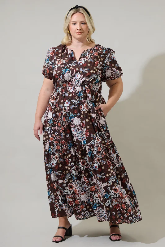 Journee Floral Morty Puff Sleeve Maxi Dress Curve Fashionable Faux Wrap Maxi Dress