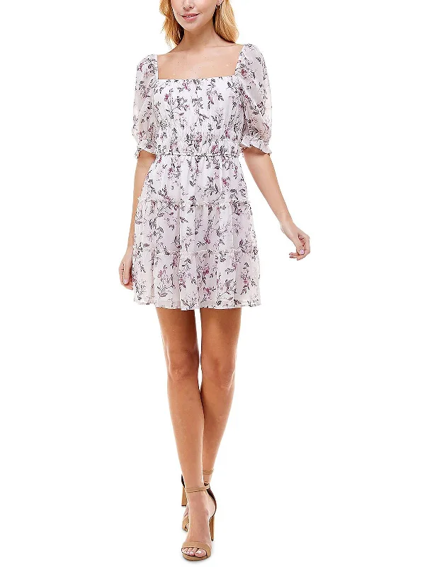 Juniors Womens Floral Print Ruffled Mini Dress Comfortable Smocked Mini Dress
